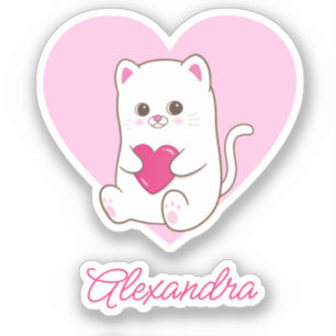 Gepersonaliseerde Schattigee Kawaii Roze Hart Katt Sticker