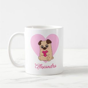 Gepersonaliseerde Schattigee Kawaii Roze Hart Pug Koffiemok