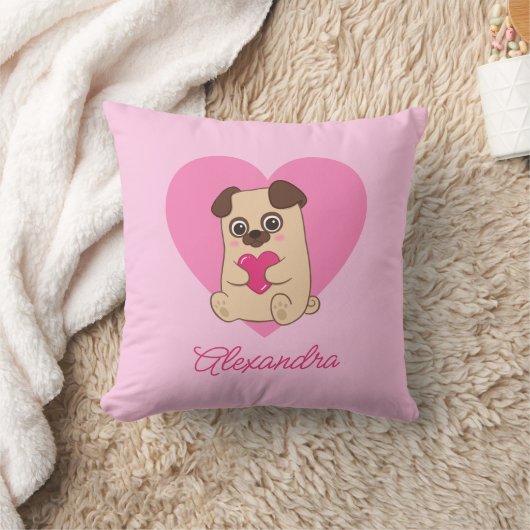 Gepersonaliseerde Schattigee Kawaii Roze Hart Pug  Kussen (Deken)