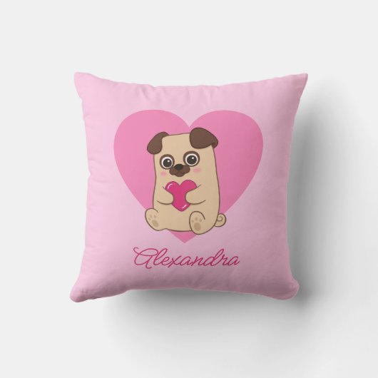 Gepersonaliseerde Schattigee Kawaii Roze Hart Pug  Kussen (Achterkant)