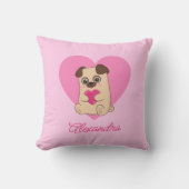 Gepersonaliseerde Schattigee Kawaii Roze Hart Pug  Kussen (Voorkant)
