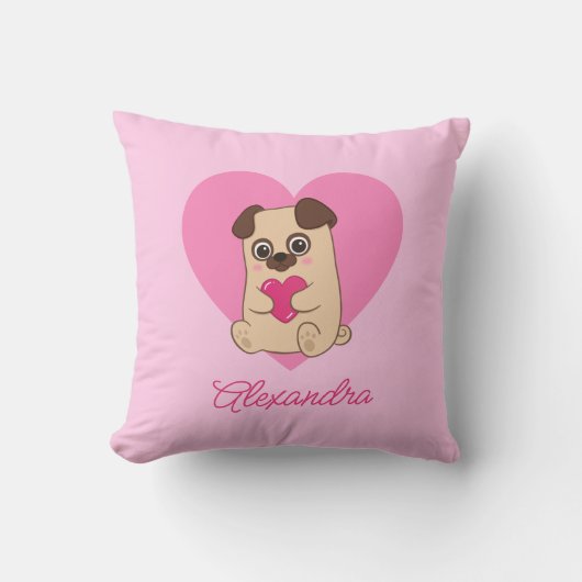 Gepersonaliseerde Schattigee Kawaii Roze Hart Pug  Kussen (Voorkant)