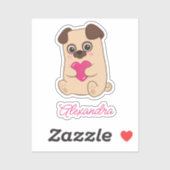 Gepersonaliseerde Schattigee Kawaii Roze Hart Pug  Sticker (Vel)