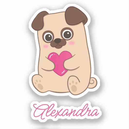 Gepersonaliseerde Schattigee Kawaii Roze Hart Pug  Sticker (Voorkant)