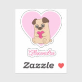 Gepersonaliseerde Schattigee Kawaii Roze Hart Pug  Sticker (Vel)