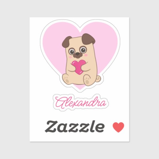 Gepersonaliseerde Schattigee Kawaii Roze Hart Pug  Sticker (Vel)