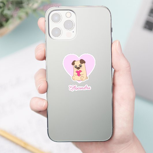 Gepersonaliseerde Schattigee Kawaii Roze Hart Pug  Sticker (Telefoon)