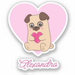 Gepersonaliseerde Schattigee Kawaii Roze Hart Pug  Sticker
