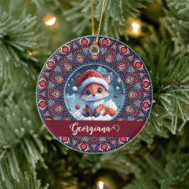 Gepersonaliseerde Schattigee Kerst Kawaii Fox Dot  Keramisch Ornament