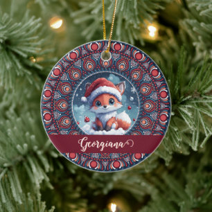 Gepersonaliseerde Schattigee Kerst Kawaii Fox Dot  Keramisch Ornament