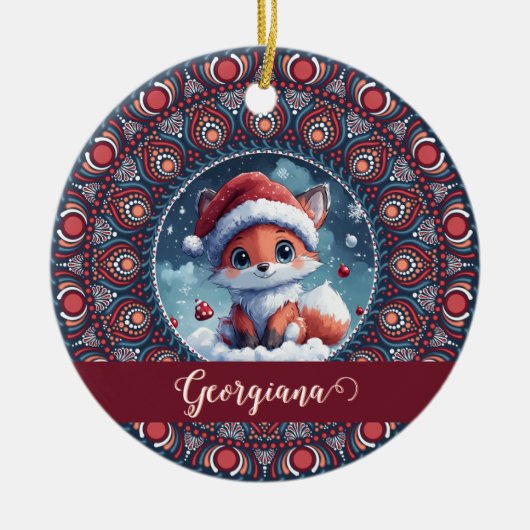 Gepersonaliseerde Schattigee Kerst Kawaii Fox Dot  Keramisch Ornament (Voorkant)