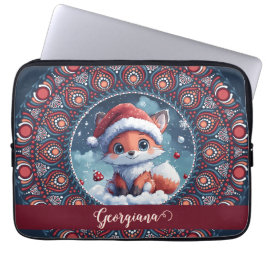 Gepersonaliseerde Schattigee Kerst Kawaii Fox Dot  Laptop Sleeve