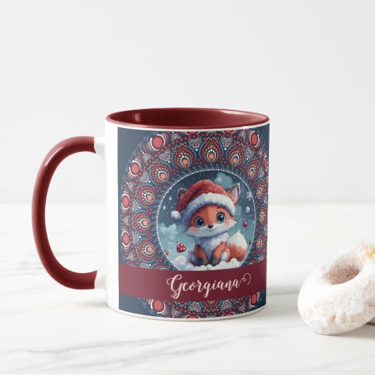 Gepersonaliseerde Schattigee Kerst Kawaii Fox Dot Mok (Met donut)