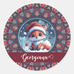 Gepersonaliseerde Schattigee Kerst Kawaii Fox Dot Ronde Sticker