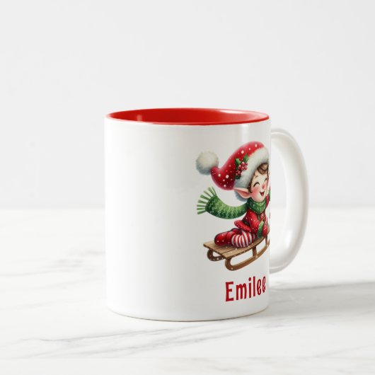 Gepersonaliseerde Schattigee kerstelf Tweekleurige Koffiemok (Voorkant rechts)