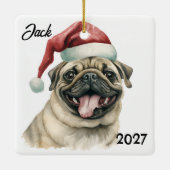 Gepersonaliseerde Schattigee Kerstman Pug Keramisch Ornament (Achterkant)