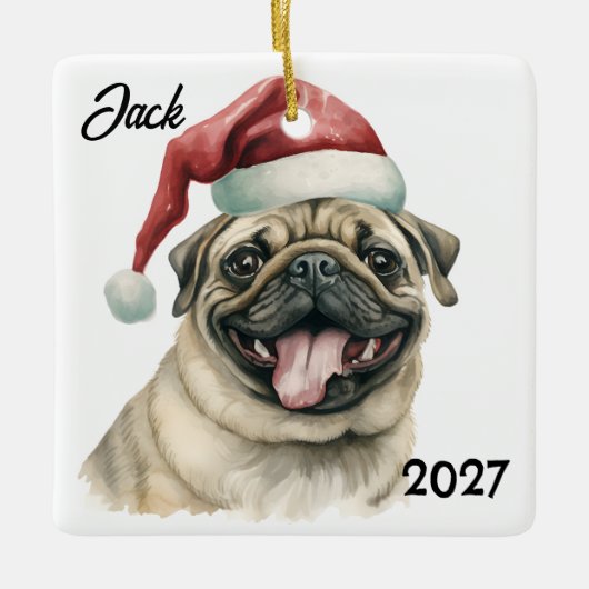Gepersonaliseerde Schattigee Kerstman Pug Keramisch Ornament (Voorkant)
