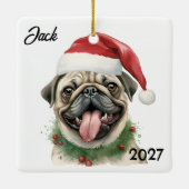 Gepersonaliseerde Schattigee Kerstman Pug Keramisch Ornament (Achterkant)