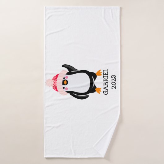 Gepersonaliseerde Schattigee kerstpinguïn in rood  Badhanddoek (Badhanddoek)
