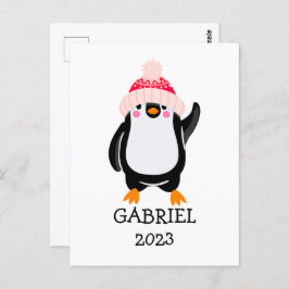 Gepersonaliseerde Schattigee kerstpinguïn in rood  Briefkaart