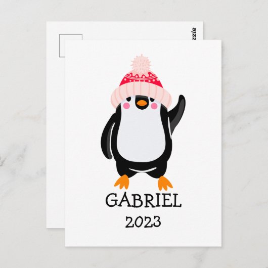 Gepersonaliseerde Schattigee kerstpinguïn in rood  Briefkaart (Voorkant / Achterkant)