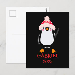 Gepersonaliseerde Schattigee kerstpinguïn in rood Briefkaart
