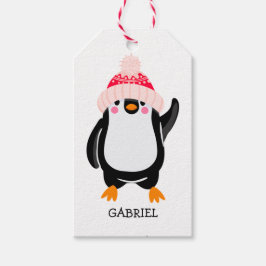 Gepersonaliseerde Schattigee kerstpinguïn in rood  Cadeaulabel