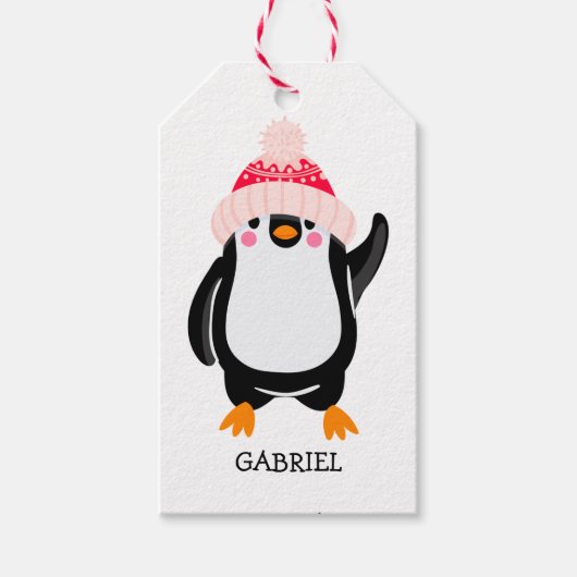 Gepersonaliseerde Schattigee kerstpinguïn in rood  Cadeaulabel (Voorkant)