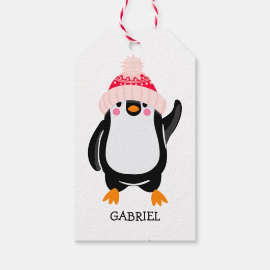Gepersonaliseerde Schattigee kerstpinguïn in rood  Cadeaulabel (Achterkant)