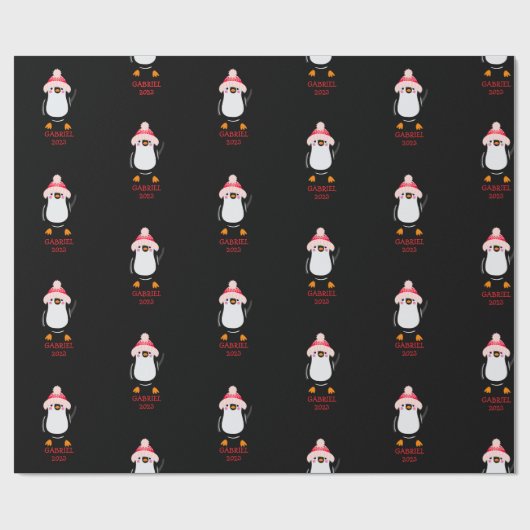 Gepersonaliseerde Schattigee kerstpinguïn in rood  Cadeaupapier (Vlak)