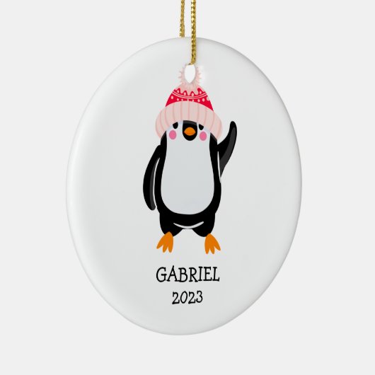 Gepersonaliseerde Schattigee kerstpinguïn in rood  Keramisch Ornament (Rechts)