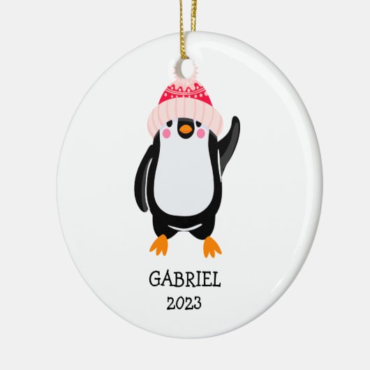 Gepersonaliseerde Schattigee kerstpinguïn in rood Keramisch Ornament (Links)
