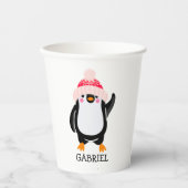 Gepersonaliseerde Schattigee kerstpinguïn in rood Papieren Bekers (Voorkant)