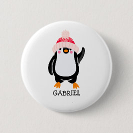 Gepersonaliseerde Schattigee kerstpinguïn in rood  Ronde Button 5,7 Cm