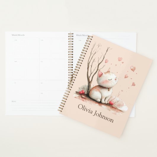 Gepersonaliseerde Schattigee kitten met harten Planner (Display)