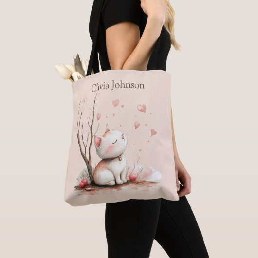 Gepersonaliseerde Schattigee Kitten met Hearts Can Tote Bag (Dichtbij)