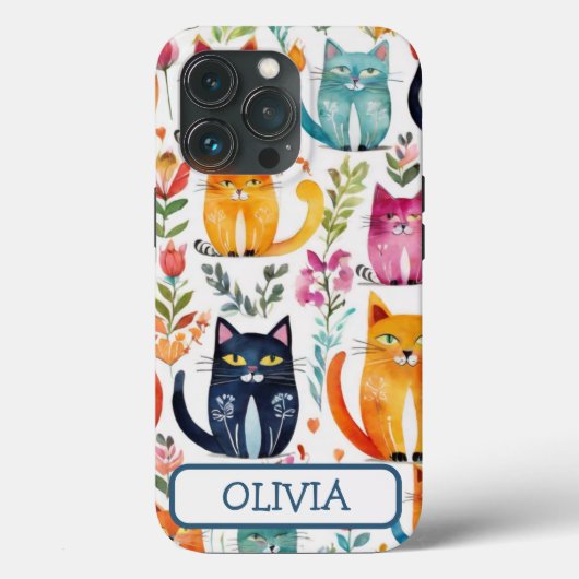 Gepersonaliseerde Schattigee Kittens en bloemenpat Case-Mate iPhone Case (Achterkant)