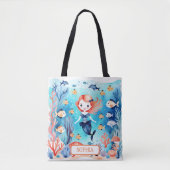 Gepersonaliseerde Schattigee kleine zeemeermin ond Tote Bag (Voorkant)