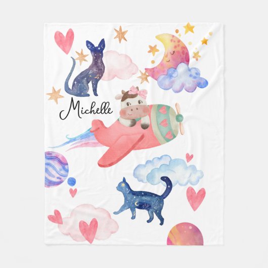 Gepersonaliseerde Schattigee Koe, ruimte, katten,  Fleece Deken (Voorkant)