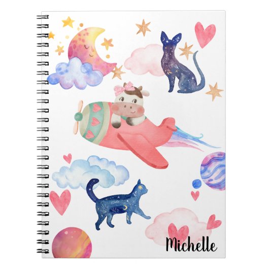 Gepersonaliseerde Schattigee Koe Space Cats Moon W Notitieboek (Voorkant)