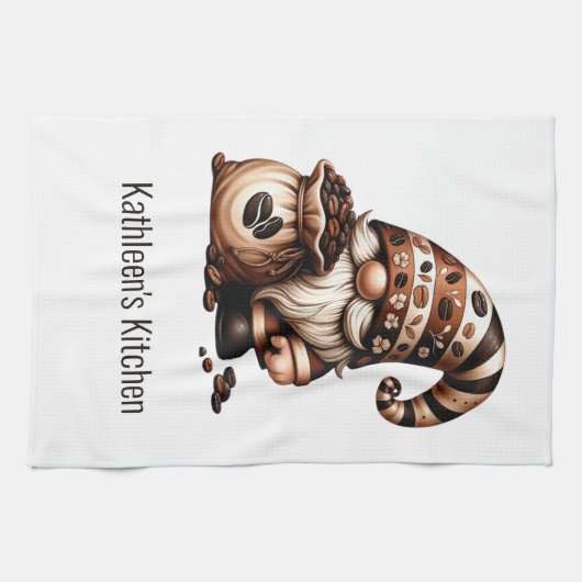 Gepersonaliseerde Schattigee Koffiegnoom Bruin Wit Theedoek (Horizontaal)