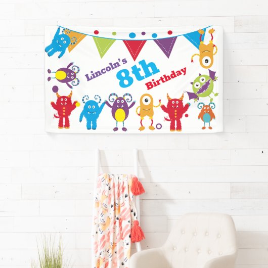 Gepersonaliseerde Schattigee Monster Birthday Bash Spandoek (Insitu)