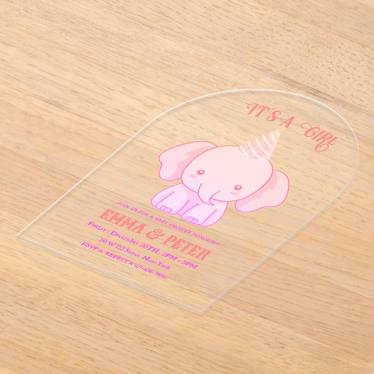 Gepersonaliseerde Schattigee olifant roze Baby sho Acryl Uitnodigingen (Laagn)