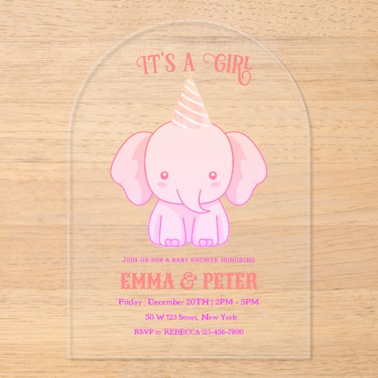 Gepersonaliseerde Schattigee olifant roze Baby sho Acryl Uitnodigingen (Voorkant)