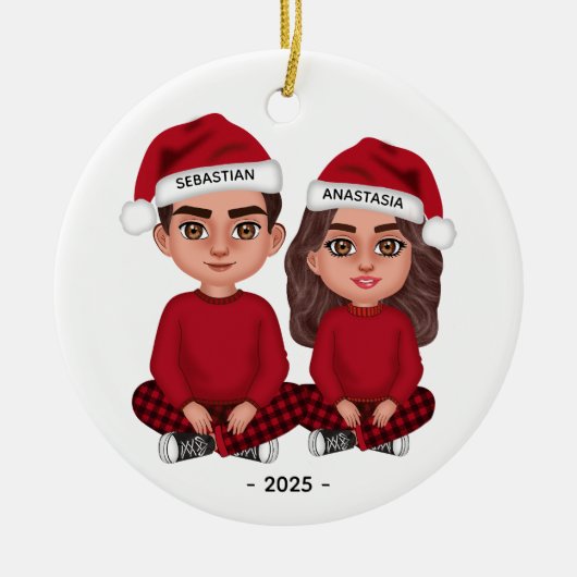 Gepersonaliseerde Schattigee Paar Poppen Kerst Orn Keramisch Ornament (Voorkant)