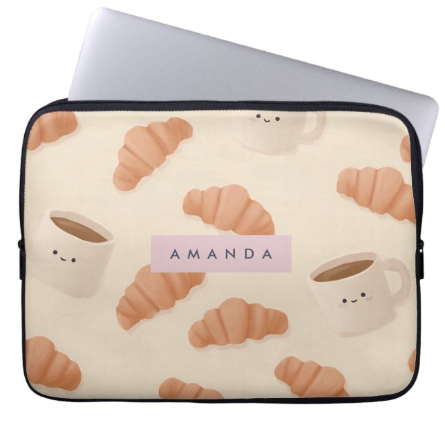Gepersonaliseerde Schattigee Pastel Croissant Coff Laptop Sleeve (Voorkant)