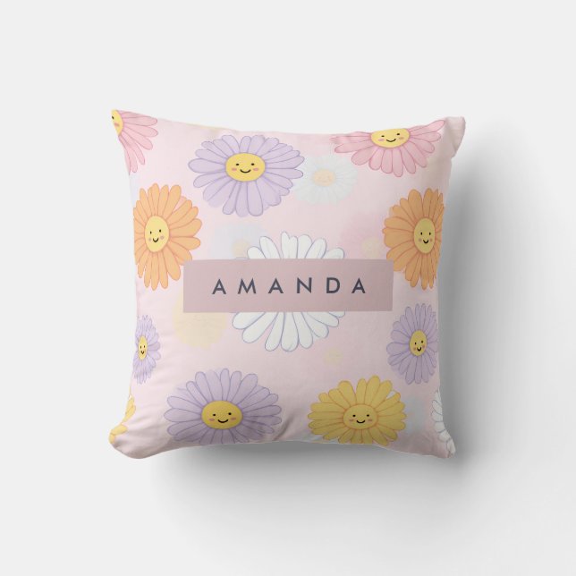Gepersonaliseerde Schattigee pastel Daisy Flower Kussen (Voorkant)