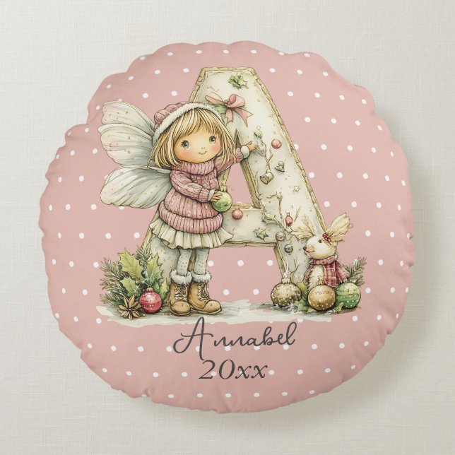 Gepersonaliseerde Schattigee Pastel Fairy Christma Rond Kussen (Voorkant)