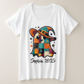 Gepersonaliseerde Schattigee Patchwork Ghost Hallo Grote Maat T-shirt (Design voorkant)