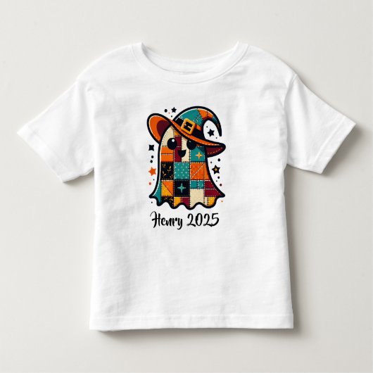 Gepersonaliseerde Schattigee Patchwork Ghost Hallo Kinder Shirts (Voorkant)